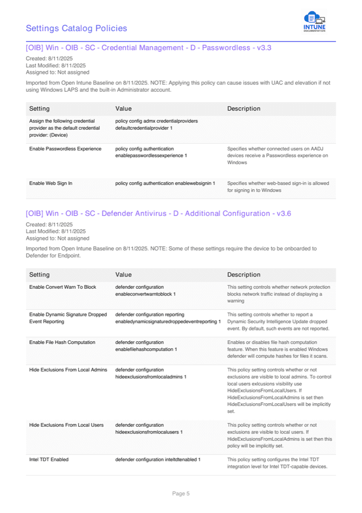 Settings Catalog page listing each setting with its value and description