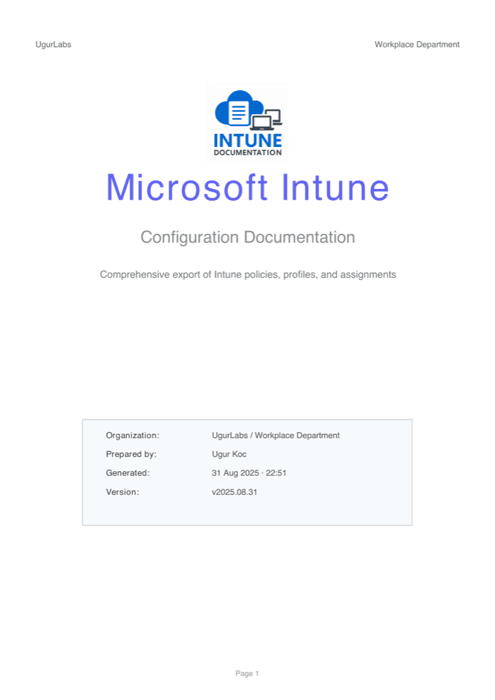 Cover page of a sample Intune documentation report